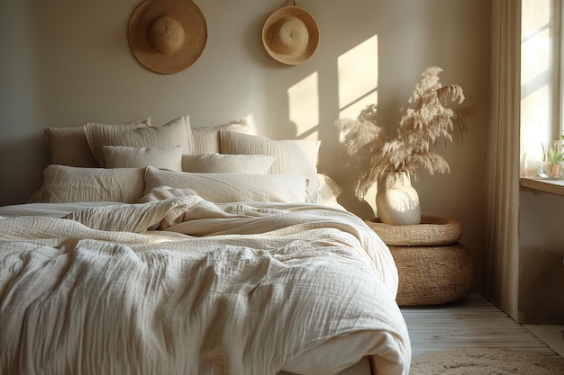 mesa de cabeceira com um vaso de grama seca perto de uma cama de madeira com quarto de lençol de cama beige