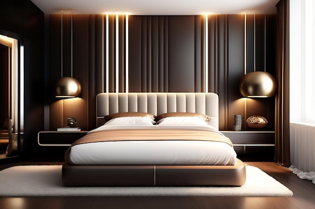 Mesa de cabeceira de madeira redonda de luxo, preta, com holofotes castanhos, cama de couro com cabeceira branca