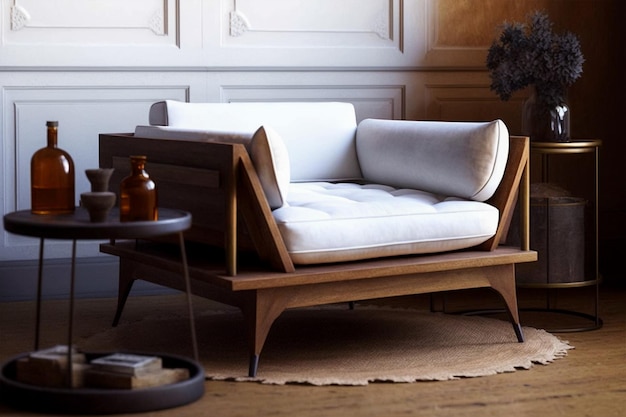 mesa de café ao lado de uma confortável poltrona de madeira 3D renderização 3D ilustração espaço de cópia