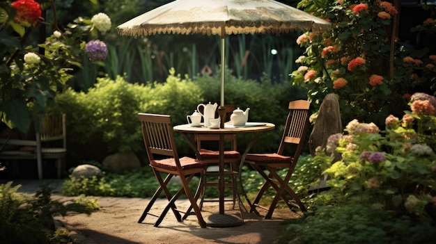 Mesa de café com cadeira e guarda-chuva no jardim