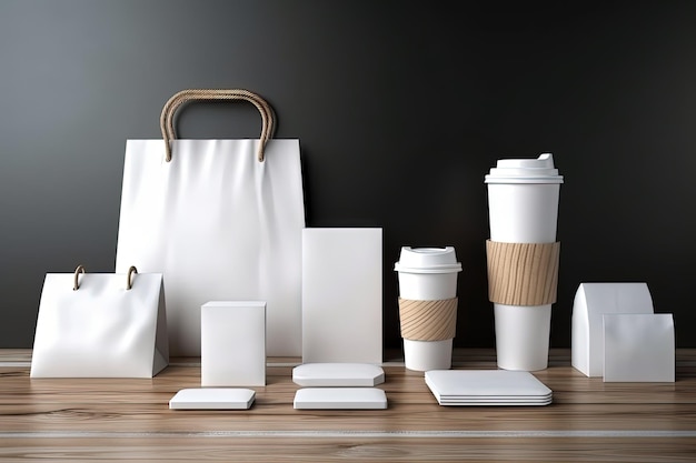 Mesa de café com sacos de papel branco e xícaras de café criadas com a tecnologia Generative AI