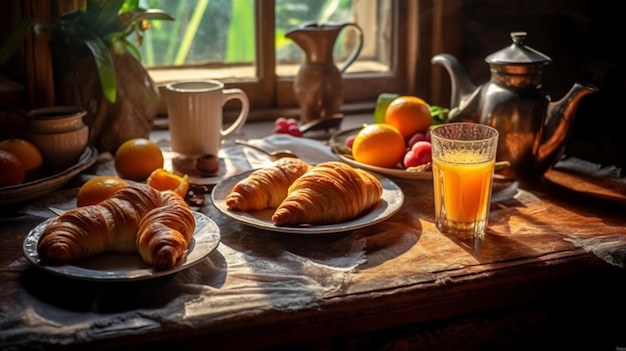 Mesa de café da manhã continental com croissants de suco de laranja e café Generative AI