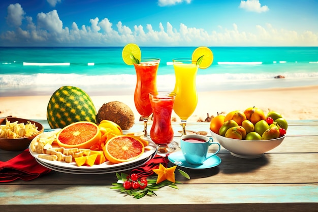 Foto mesa de café da manhã servida na praia com frutas tropicais e bebidas doces