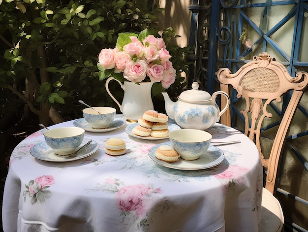 Mesa de café da manhã vintage com xícaras de bule e rosas