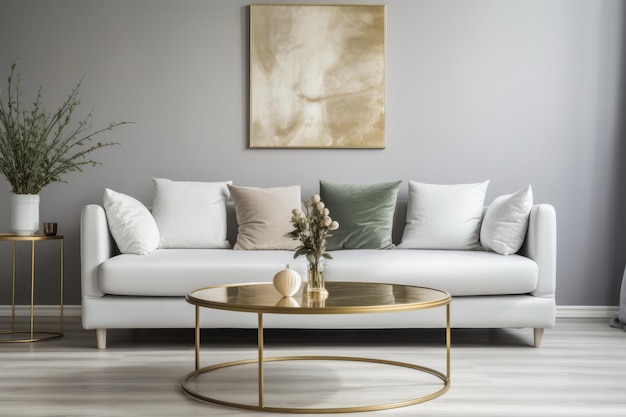 Mesa de café dourada redonda em frente a sofá branco Design moderno de sala de estar