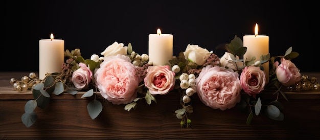 Mesa de casamento adornada com acentos florais e de velas feitas de madeira