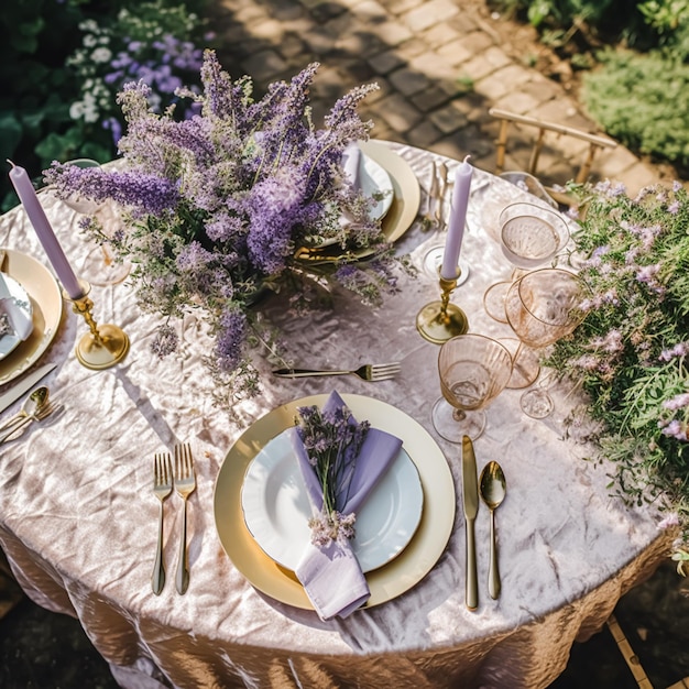 Mesa de casamento elegante mesa de jantar formal cenário de mesa com decoração de lavanda para festa de feriado evento celebração pós-processado generativo ai