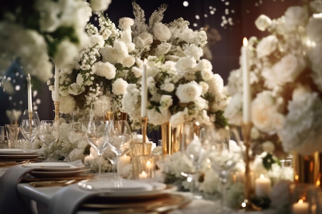 Mesa de casamento festiva branca vazia com velas e preparação de utensílios para um banquete generativo ai