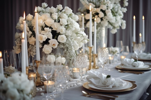 Mesa de casamento festiva branca vazia com velas e preparação de utensílios para um banquete generativo ai