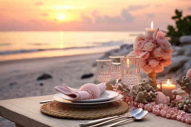 Mesa de casamento na praia do oceano ao pôr do sol generativa AI