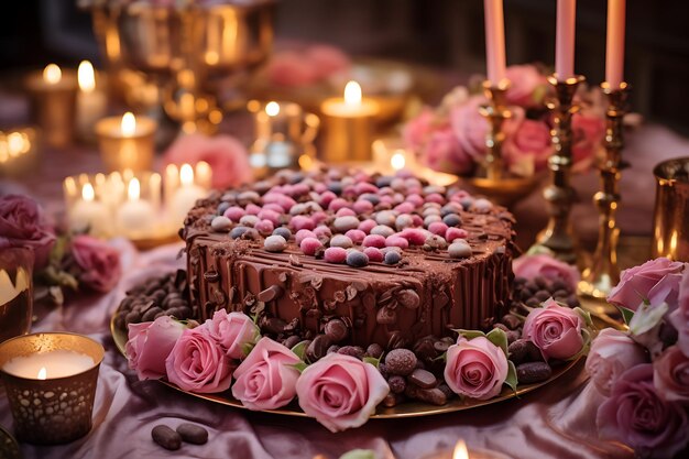 Mesa de casamento romântica com buquê de flores, luz de vela e sobremesa de chocolate gerada