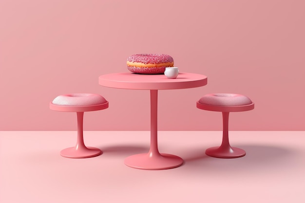 Mesa de centro mínima com rosquinhas e dois banquinhos cor rosa fundo rosa mundo rosa AI gerado