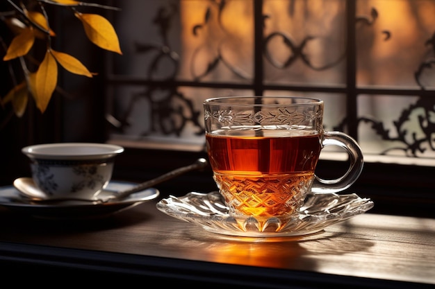 Mesa de chá de vista lateral com copo de chá e estatuetas e chaleira em mesa no restaurante