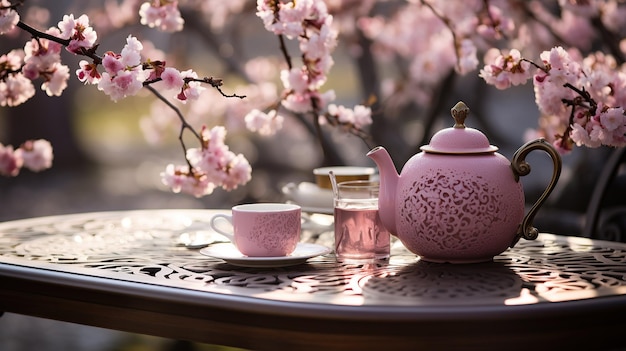 Mesa de chá em um bosque de cerejeiras em flor amanhecer de primavera