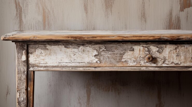 Foto mesa de consola rústica de lã vintage com grãos naturais e pintura descascante