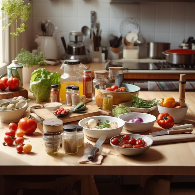 Mesa de cozinha com utensílios e ingredientes
