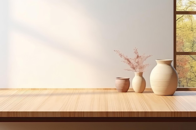 Mesa de cozinha de madeira com janela de fundo para maquete de exposição de produtos