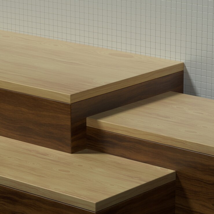 Mesa de cozinha de madeira vazia ou palco com parede de cerâmica para banner ou promoção de produto. Ilustração 3D