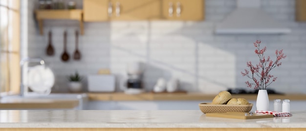 Mesa de cozinha de mármore branco mínimo com espaço de cópia sobre estilo de cozinha escandinavo turva