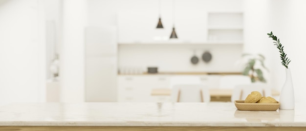 Mesa de cozinha moderna com espaço de cópia sobre cozinha moderna e brilhante em segundo plano
