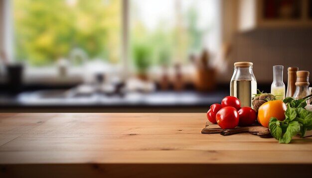 Mesa de cozinha vazia com fundo de cozinha turva espaço de mesa isolado para produtos e alimentos Com