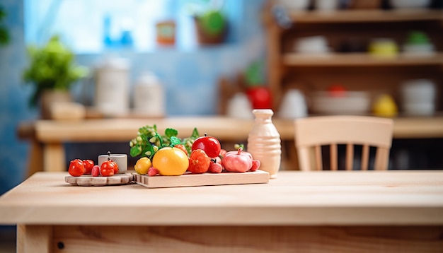 Mesa de cozinha vazia com fundo de cozinha turva espaço de mesa isolado para produtos e alimentos Com