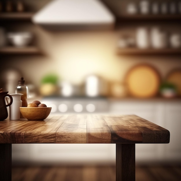 Mesa de cozinha vazia com fundo de cozinha turva. mesa isolada, espaço para produto e comida.