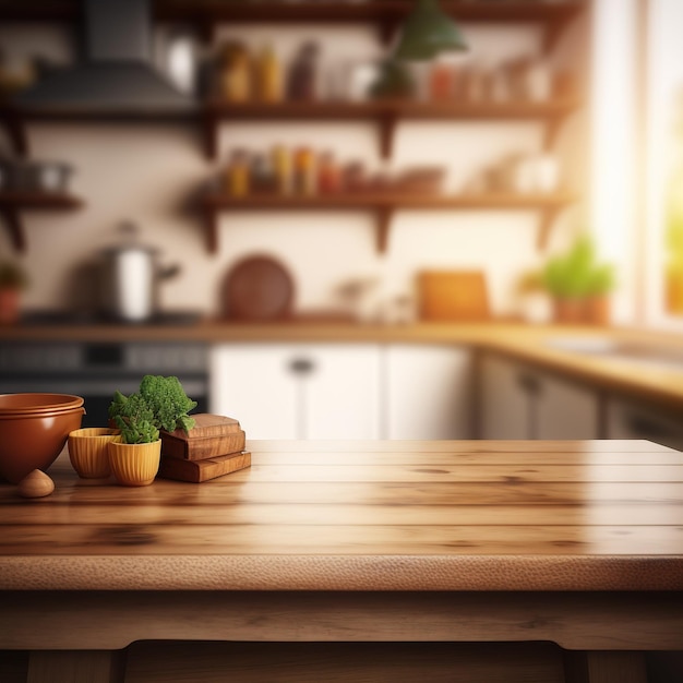 Mesa de cozinha vazia com fundo de cozinha turva. mesa isolada, espaço para produto e comida.