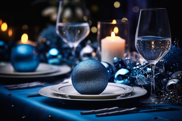 Foto mesa de decoração azul vela fundo de salão de baile oferecendo prato comida luz de traje moderno dinâmico