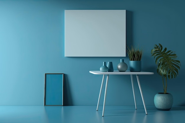Mesa de design de interiores moderna com fundo azul para maquete de texto de banner Design Insideout