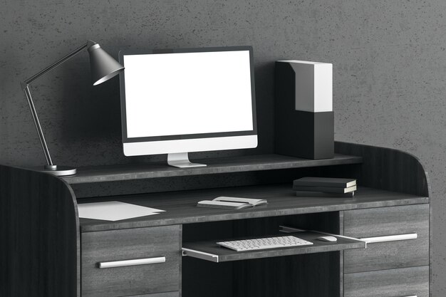 Foto mesa de designer criativo com computador branco vazio e outros equipamentos mock up 3d rendering