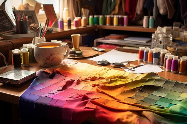 Foto mesa de designers de moda com amostras de tecido e ferramentas de costura