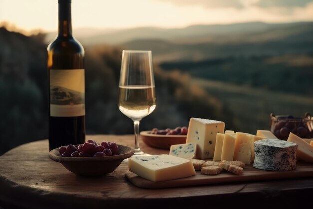 Foto mesa de diferentes queijos e vinhos em uma mesa de madeira e o campo ao fundo
