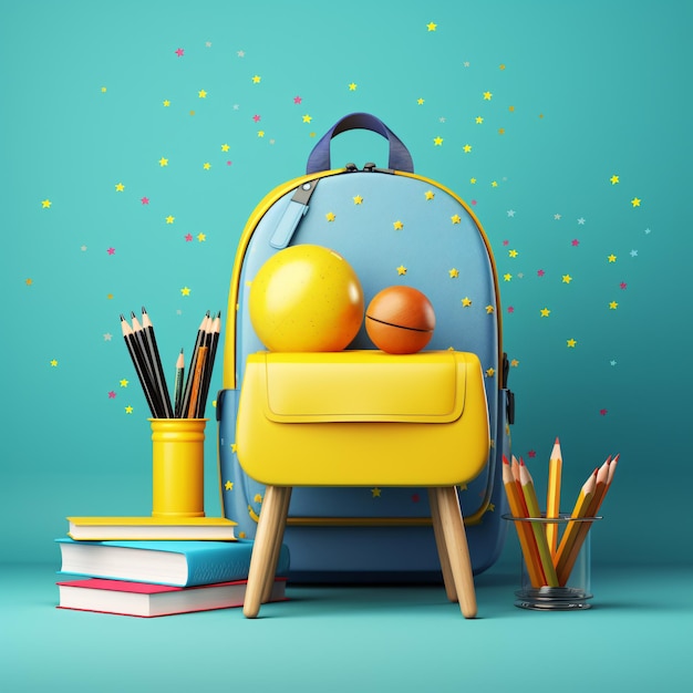 Mesa de escola com acessórios escolares e mochila amarela