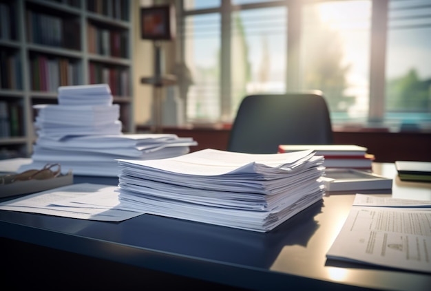 Mesa de escritório coberta com uma pilha de papéis para negócios