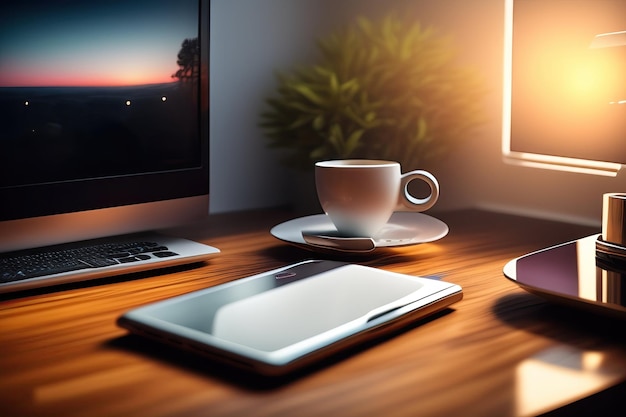 Mesa de escritório com café e laptop