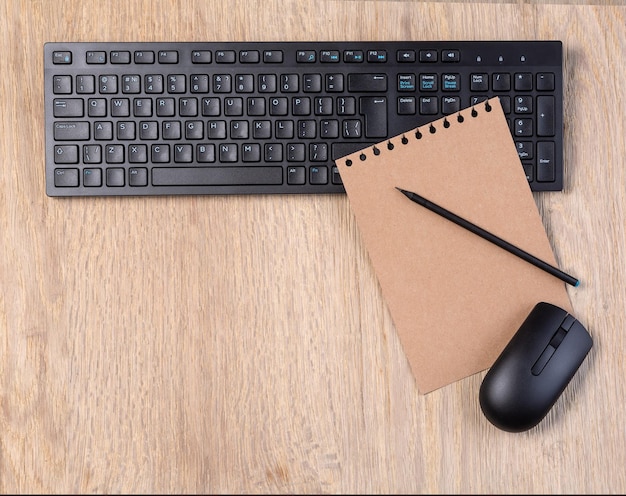 mesa de escritório com teclado de computador, mouse, xícara de café e espaço para texto