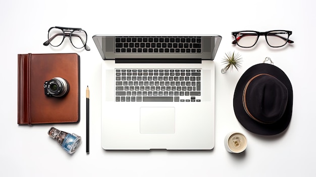 Mesa de escritório com um laptop, livros, café e copos filmados de um ângulo superior gerado pela IA