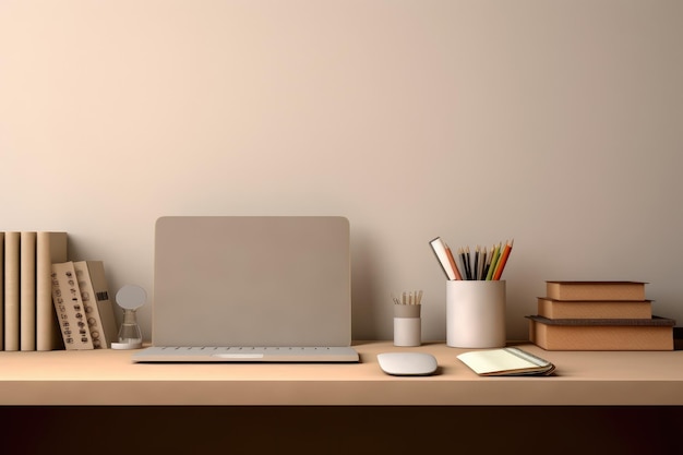 Mesa de escritório de vista frontal com laptop de computador de ferramentas de escritório em fundo de mesa de madeira com espaço de cópia Generative AI