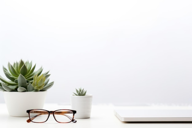 Mesa de escritório elegante, espaço de trabalho com diário de laptop e suculenta em fundo branco gerado por IA