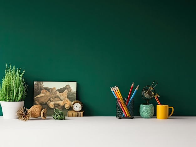 mesa de escritório em casa branca com espaço de cópia de decoração de parede verde para maquete