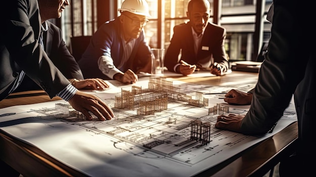 mesa de escritório ergonômica de engenheiros e arquitetos em plano de projeto de construção