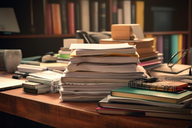 Foto mesa de escritório fechada com uma pilha organizada de papéis, carga de trabalho pesada