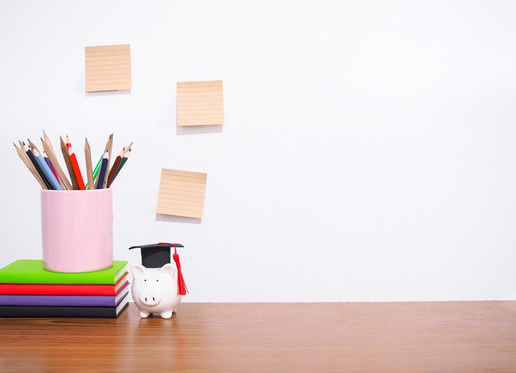 Foto mesa de escritório mesa de trabalho criativa de estudante com papelaria colorida livro de capa dura notas pegajosas cofrinho com chapéu de formatura espaço de cópia para texto de volta às aulas conceito de educação