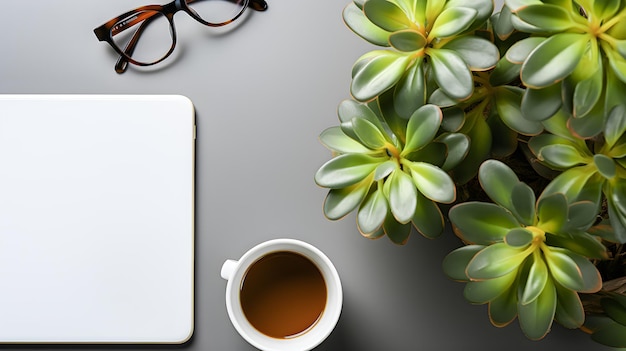 Mesa de escritório minimalista com óculos de laptop, caneca de café e plantas Espaço de cópia