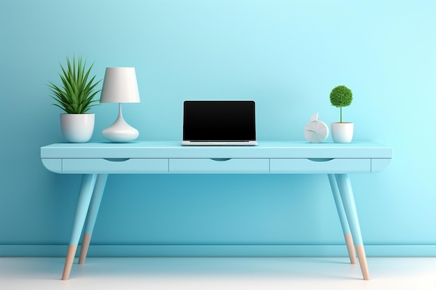 Mesa de escritório minimalista em um monocromático azul pastel sereno Generative Ai