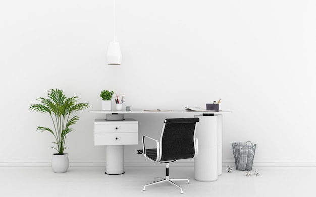 Mesa de escritório na sala branca para maquete