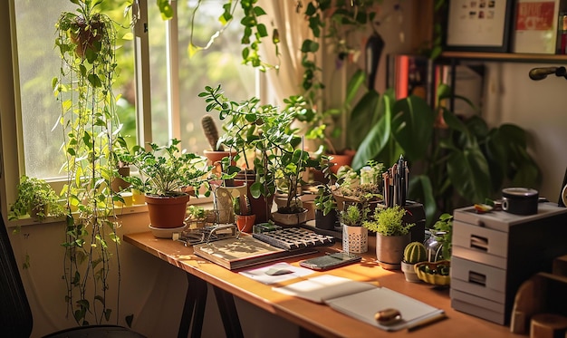 Mesa de escritório personalizada com plantas