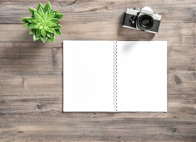Mesa de escritório plana lay. Livro aberto, câmera fotográfica vintage, suculenta