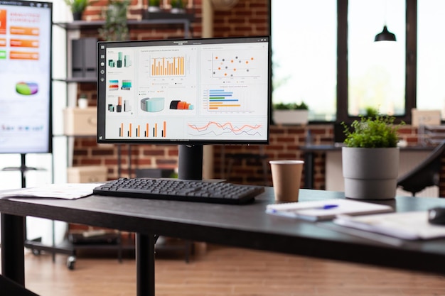 Mesa de escritório vazia com gráficos de dados de negócios no computador. monitore com estatísticas financeiras para planejar intercâmbio comercial global e estratégia de pesquisa no local de trabalho de inicialização. análise de marketing